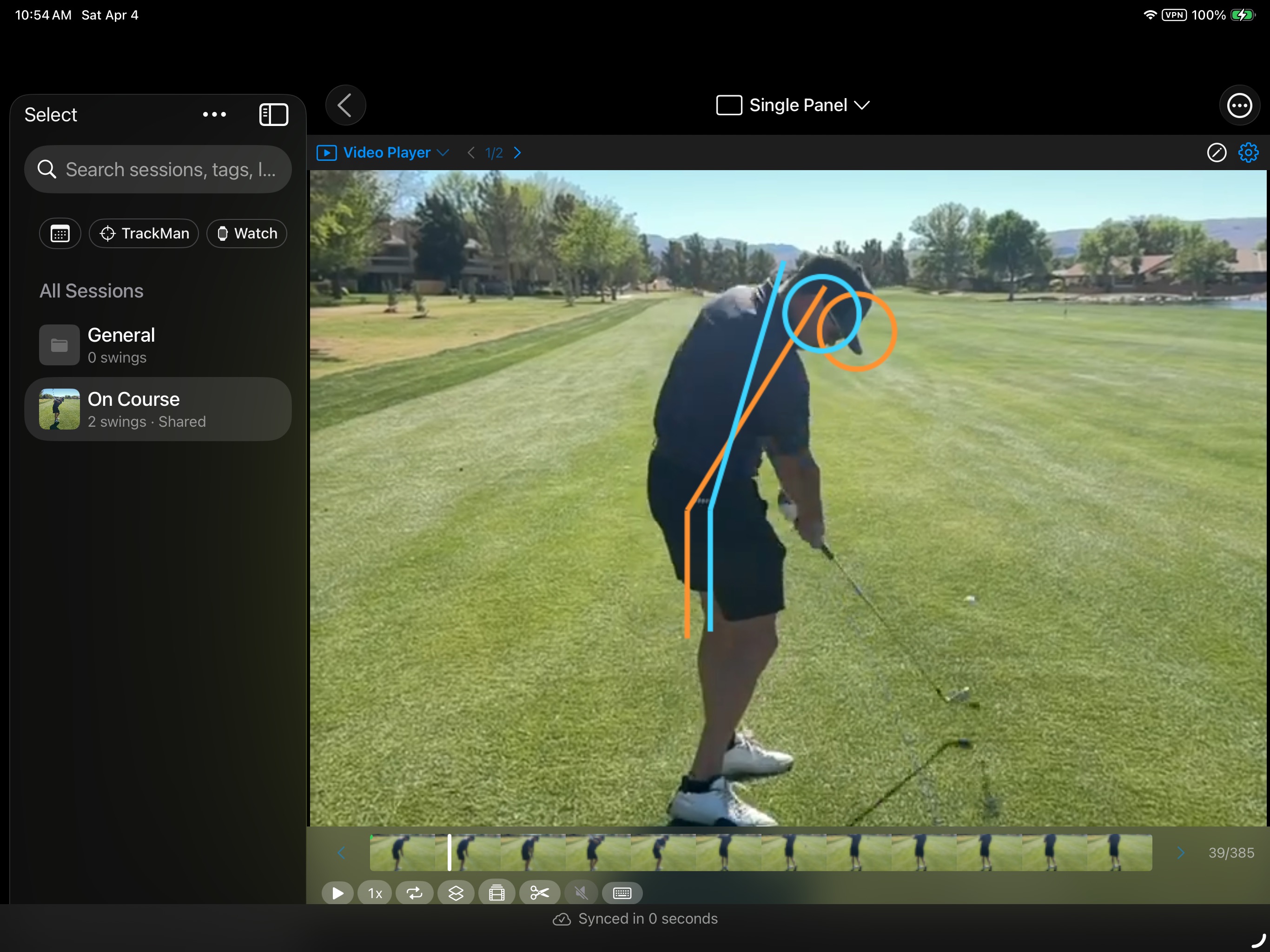 Setup overlay showing address position (orange) vs impact position (blue) — posture change is immediately visible
