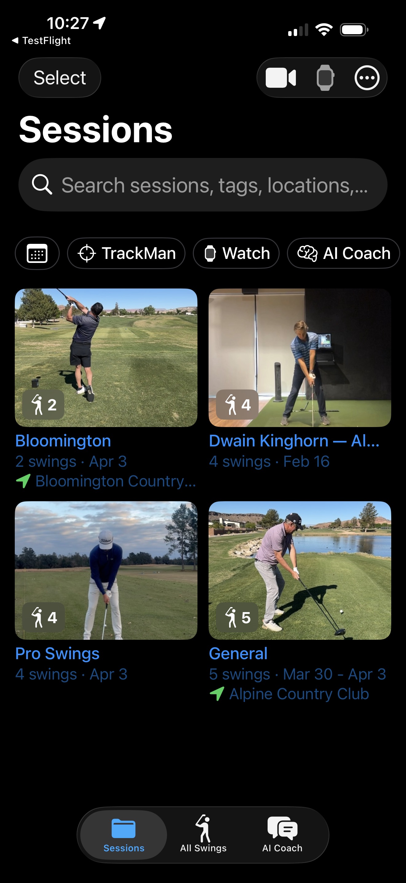 The three main tabs — Sessions, All Swings, and AI Coach
