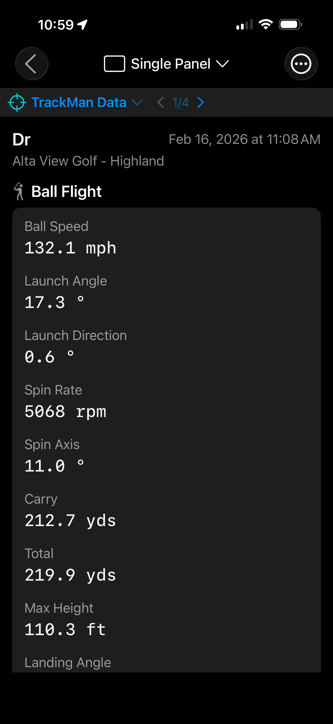 TrackMan Data panel in the Swing Viewer showing ball flight metrics