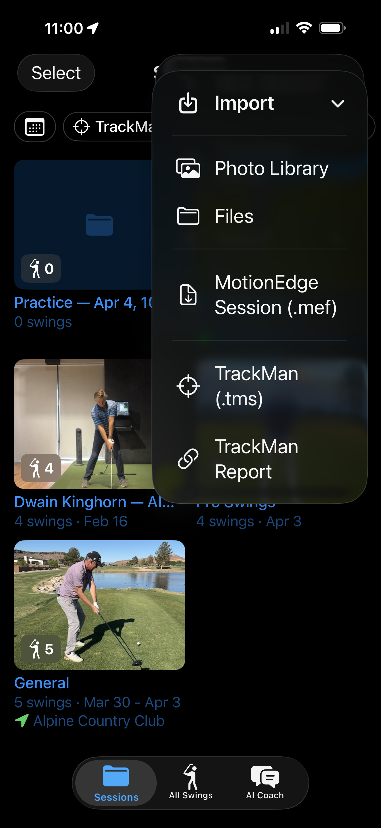 Import menu showing TrackMan (.tms) and TrackMan Report options