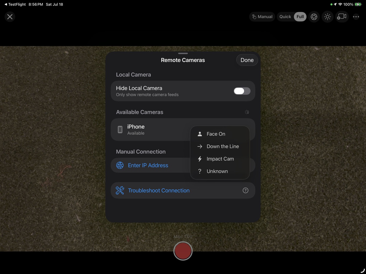 iPad Remote Cameras — available iPhone and angle menu