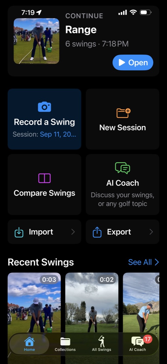 iPhone Home — camera, Import, and the four tabs