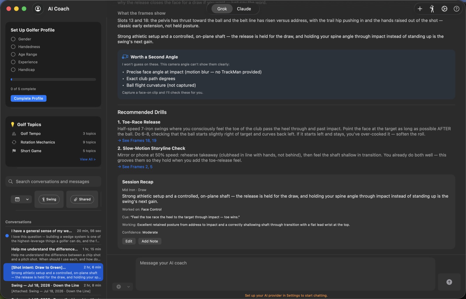 Mac AI Coach — profile, Golf Topics, and a conversation