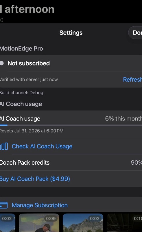 MotionEdge Pro hub in Settings — status card, Refresh, AI Coach usage, Coach Pack credits, and Manage Subscription