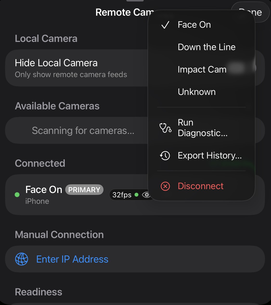 A connected Face On camera marked PRIMARY at 32 fps with its menu open — angle choices (Face On checked, Down the Line, Impact Cam, Unknown), Run Diagnostic, Export History, and Disconnect