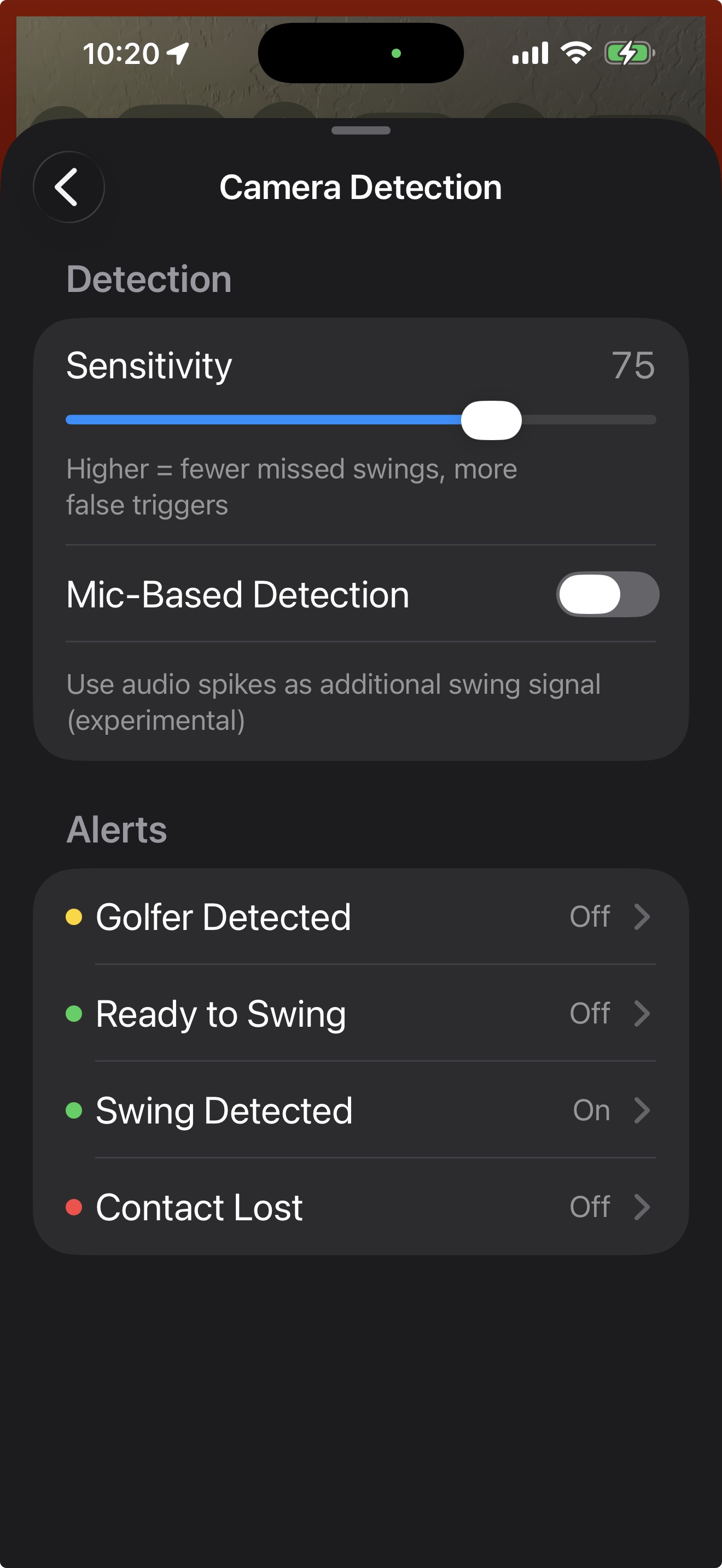 Camera Detection settings showing the Sensitivity slider set to 75, with Mic-Based Detection toggle and detection alert options